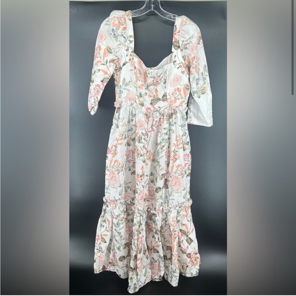 NWT Cara Cara Blue Hill Dress in Trellis Floral Ivory Tiered Linen Dress 4 Four - Picture 6 of 16